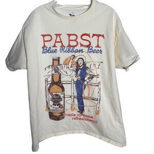 Pabst Blue Ribbon Graphic T-Shirt Mens Large Cream Cotton Cowgirl Western Beer
